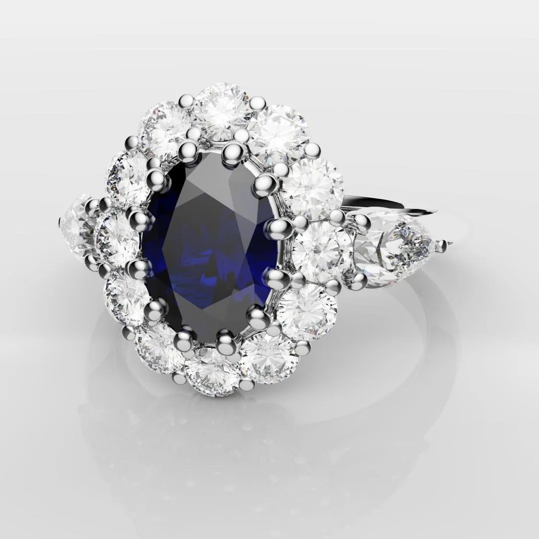 Oval Sapphire Cluster With Pear Shoulder Diamonds