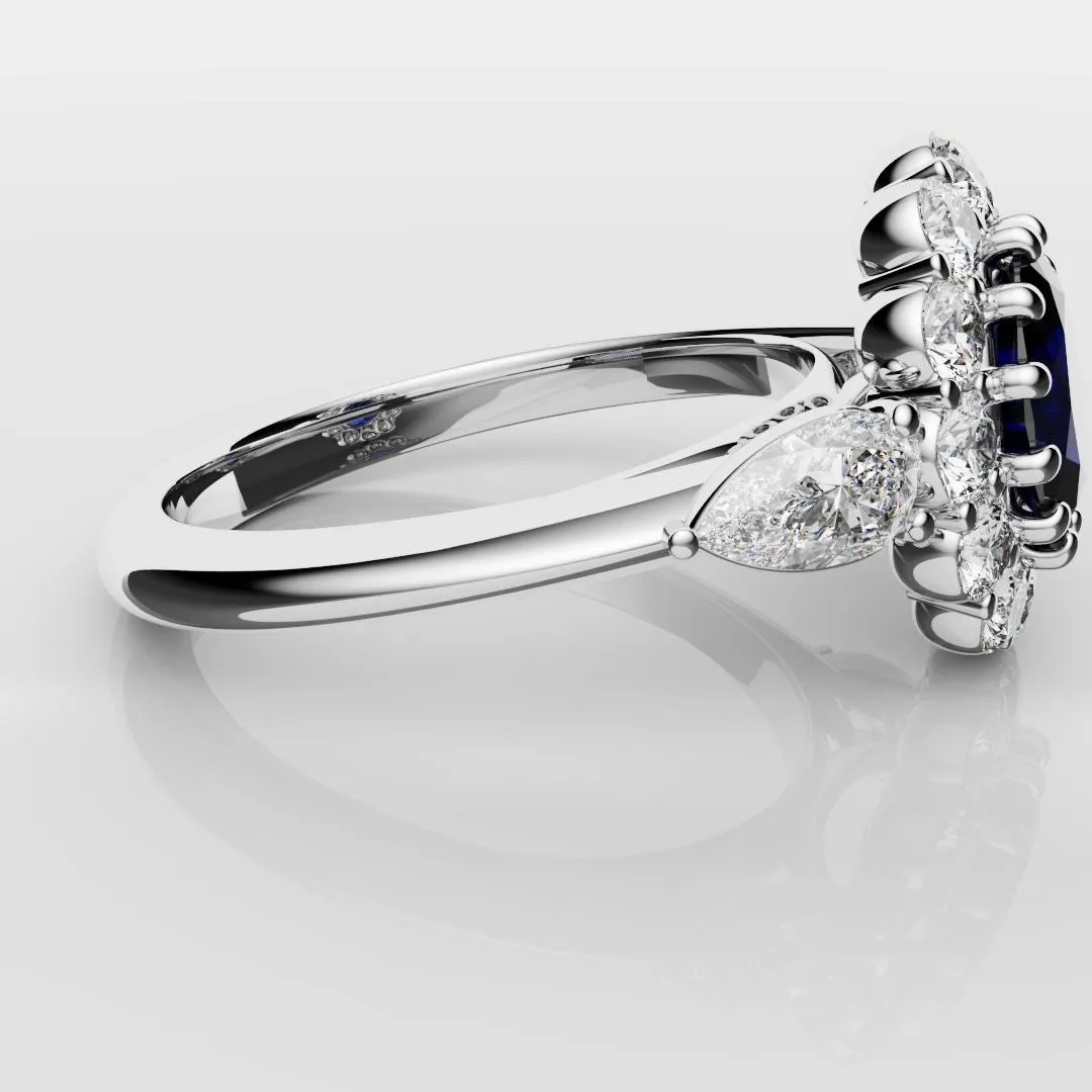 Oval Sapphire Cluster With Pear Shoulder Diamonds