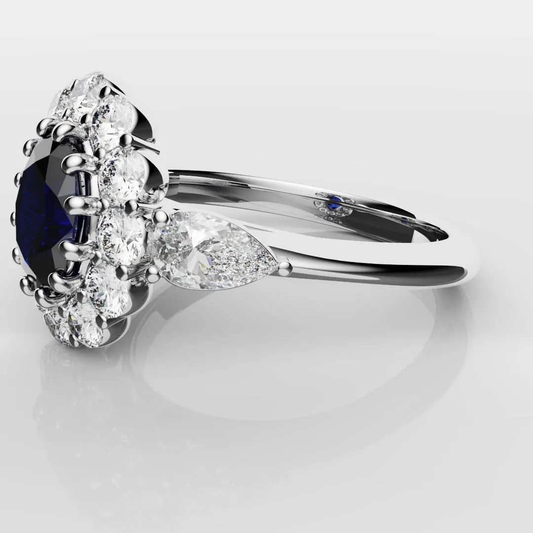 Oval Sapphire Cluster With Pear Shoulder Diamonds