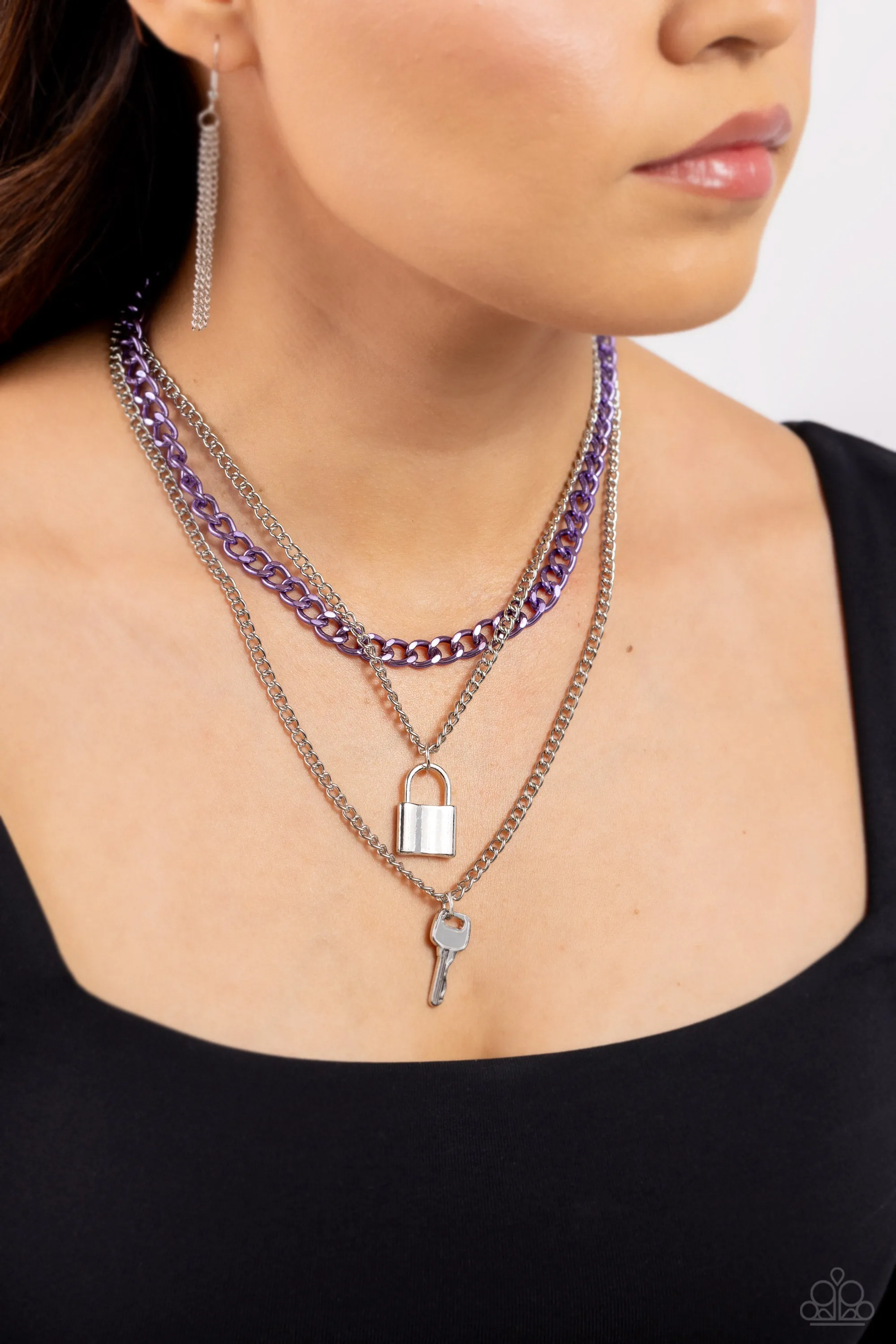 Paparazzi Locked Labor Purple Necklace & Earring Set