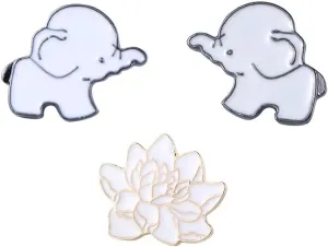 Pokinge White Enamel Lotus Pin Set, Cartoon Elephant Brooches and Lotus Flower Enamel Lapel Pin, White Enamel Lotus Pin for Clothes Bags (3Pcs/set)
