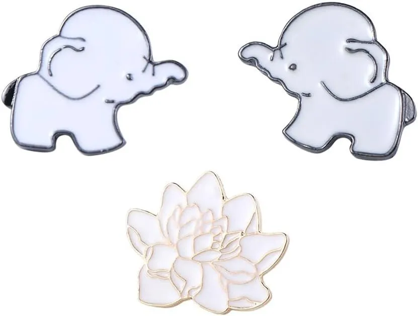 Pokinge White Enamel Lotus Pin Set, Cartoon Elephant Brooches and Lotus Flower Enamel Lapel Pin, White Enamel Lotus Pin for Clothes Bags (3Pcs/set)