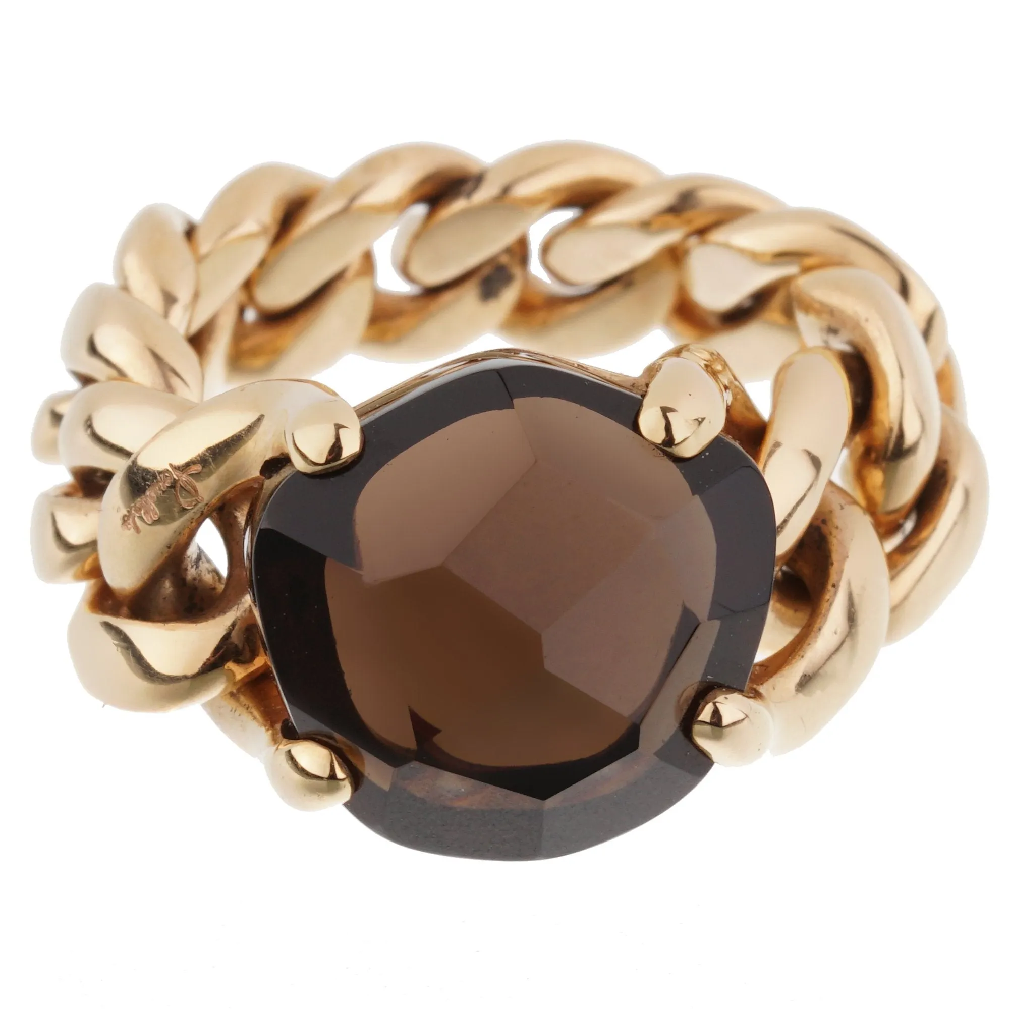 Pomellato 6.65ct Smoky Quartz Chain Link Gold Ring Sz 7