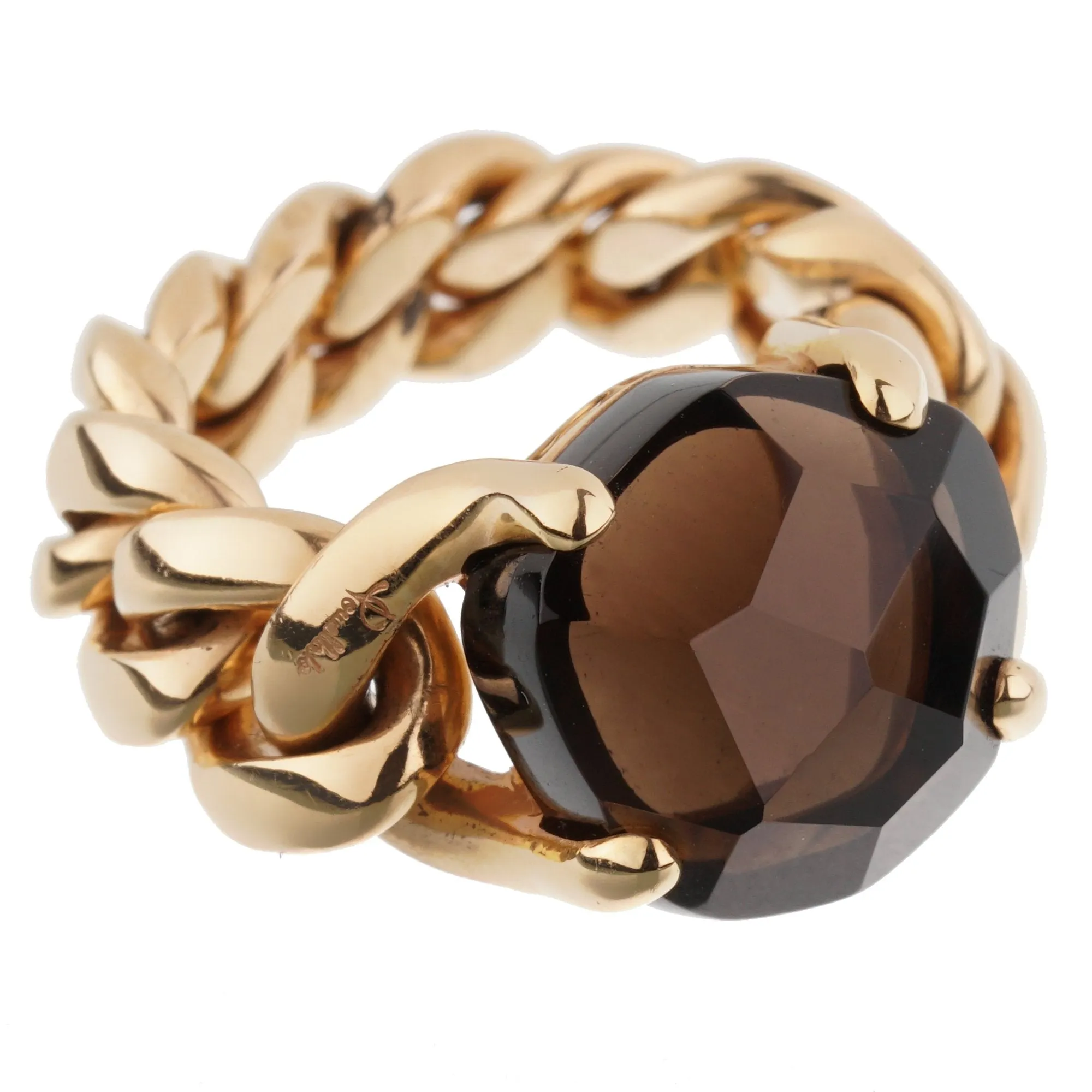 Pomellato 6.65ct Smoky Quartz Chain Link Gold Ring Sz 7