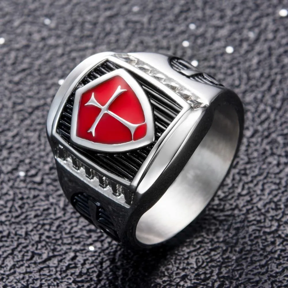 Red Armor Shield Knight Templar Crusade Cross Ring