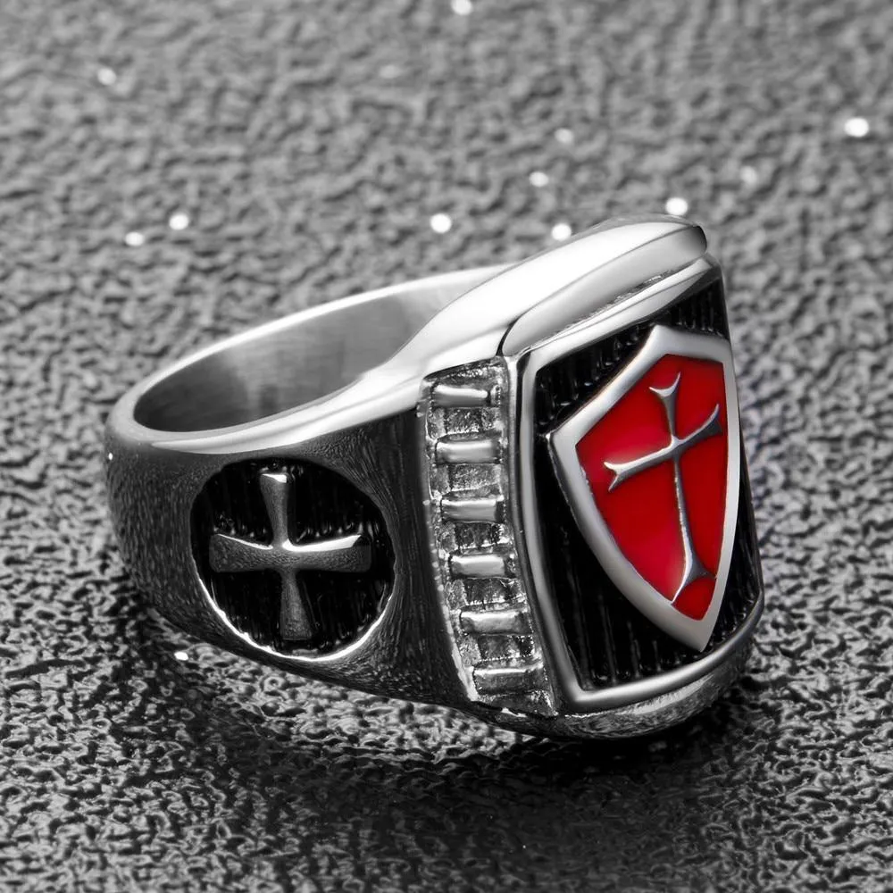 Red Armor Shield Knight Templar Crusade Cross Ring