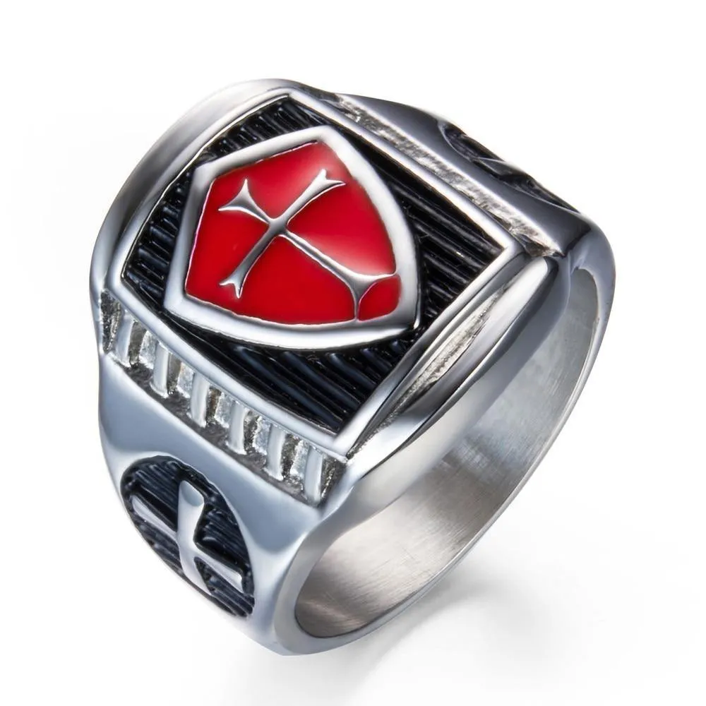 Red Armor Shield Knight Templar Crusade Cross Ring