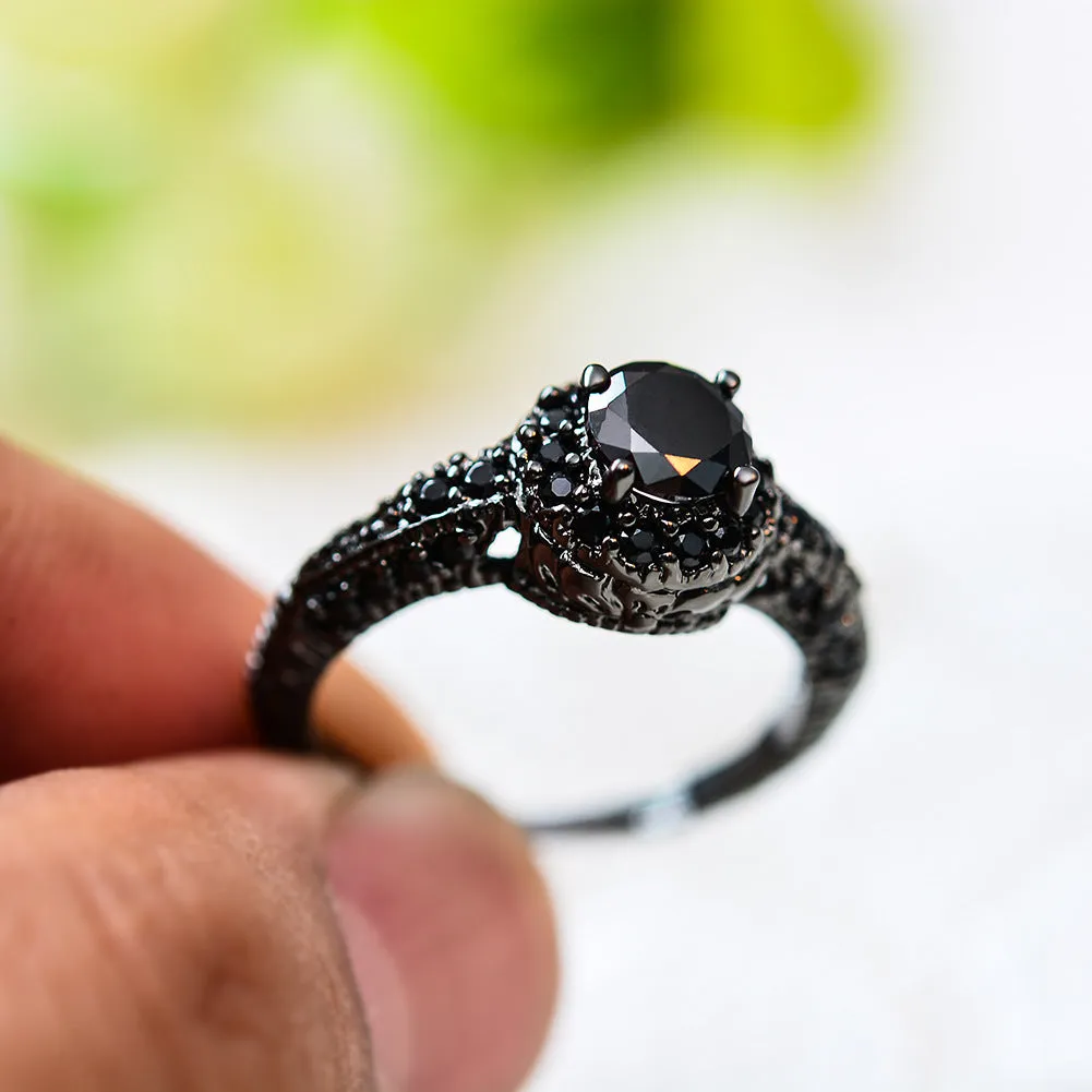 Round Black Obsidian Stone Ring Men's Trendy Unique Ring
