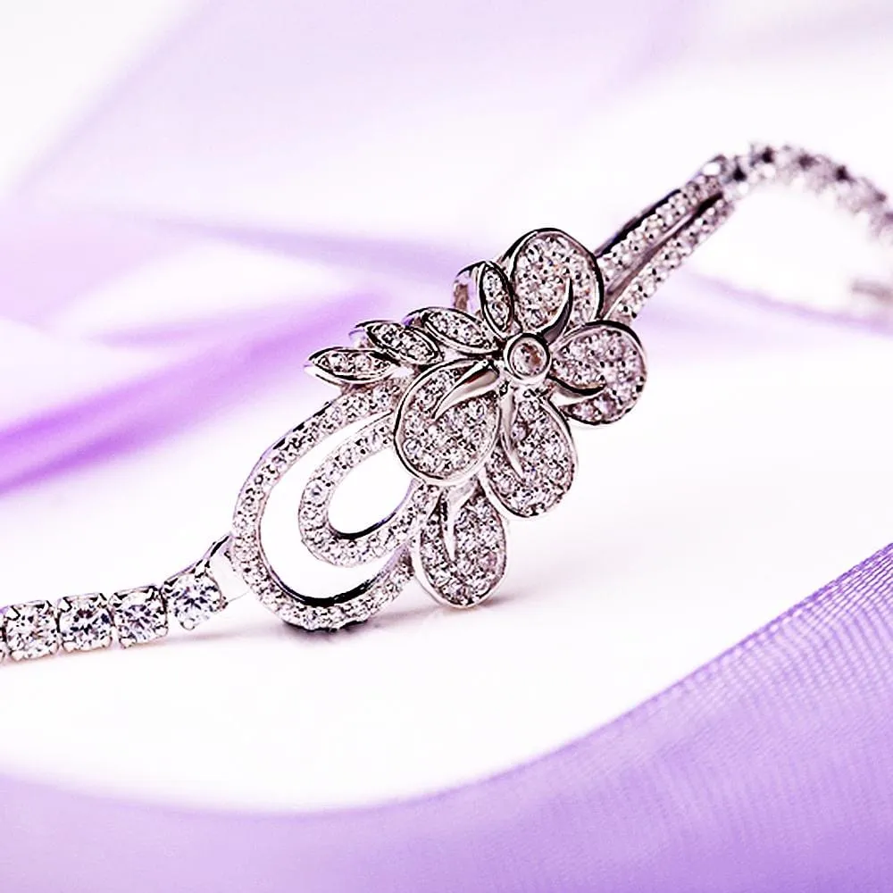 Solid 925 Sterling Silver Flower Charm Tennis Bracelet