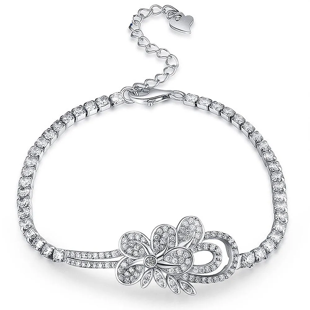 Solid 925 Sterling Silver Flower Charm Tennis Bracelet