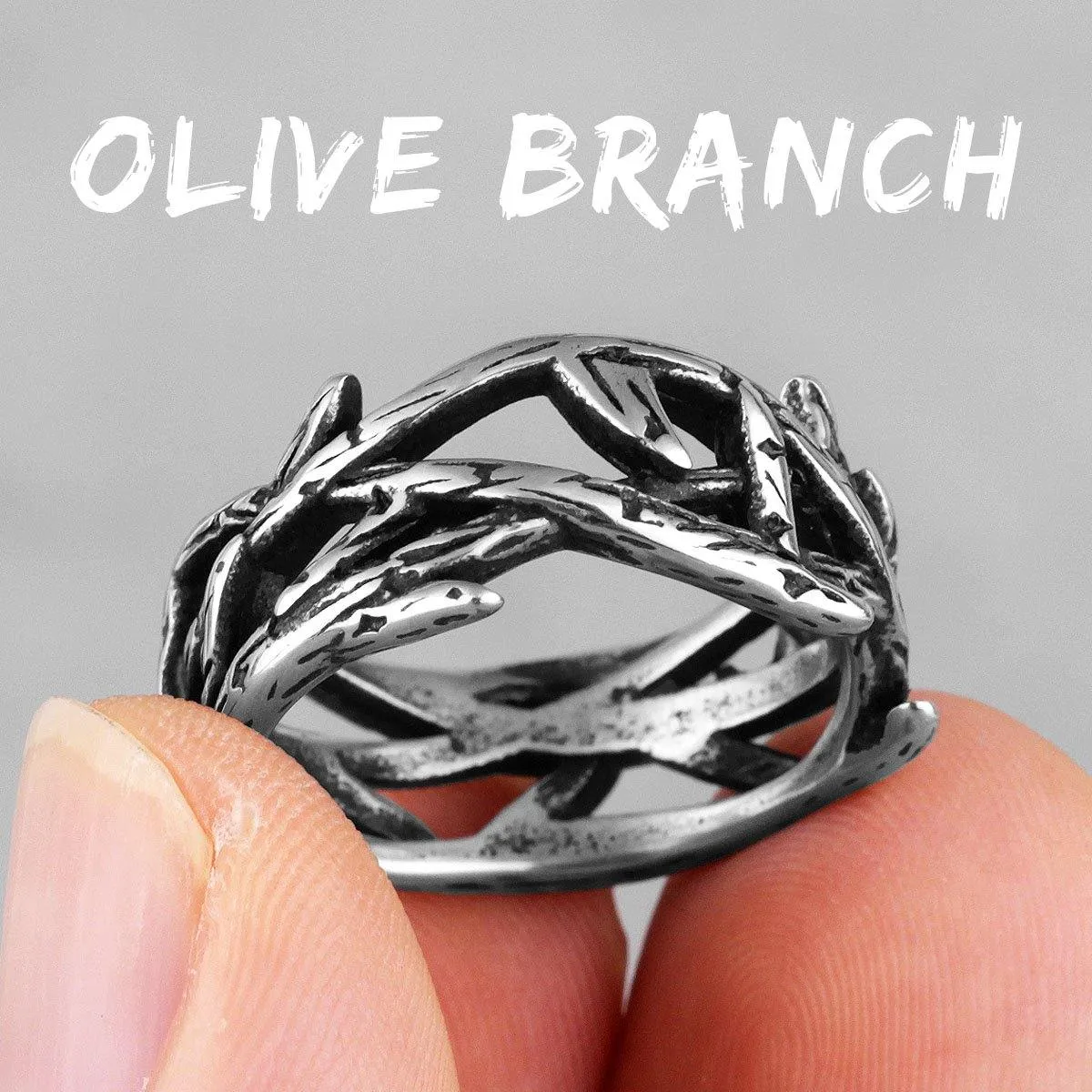 Stainless Steel Victory Olive Branch Bikers Mens Ring