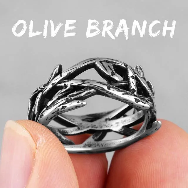 Stainless Steel Victory Olive Branch Bikers Mens Ring