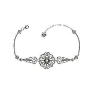 Sterling Silver Filigree Art Clover Flower Design Woman Link Bracelet