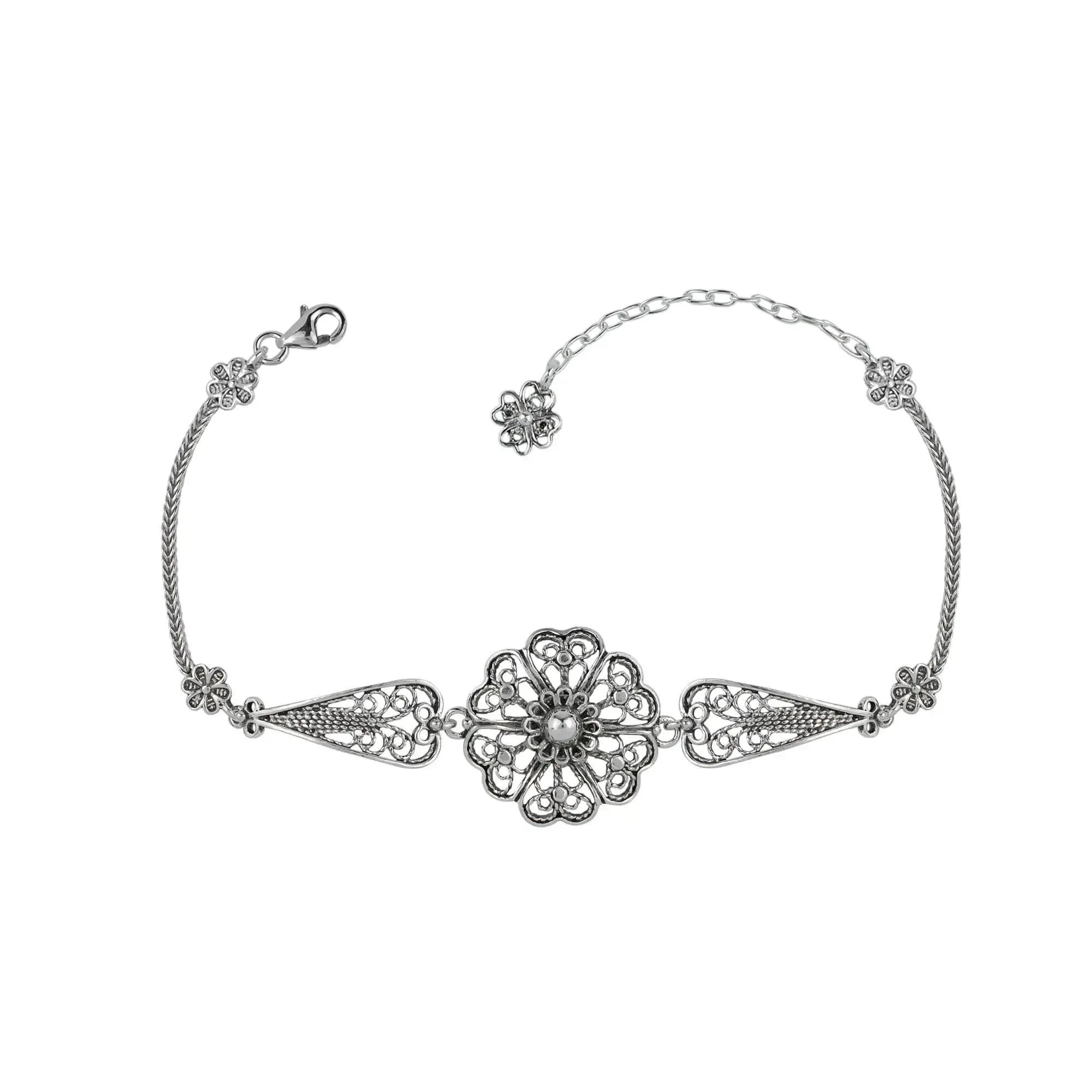 Sterling Silver Filigree Art Clover Flower Design Woman Link Bracelet