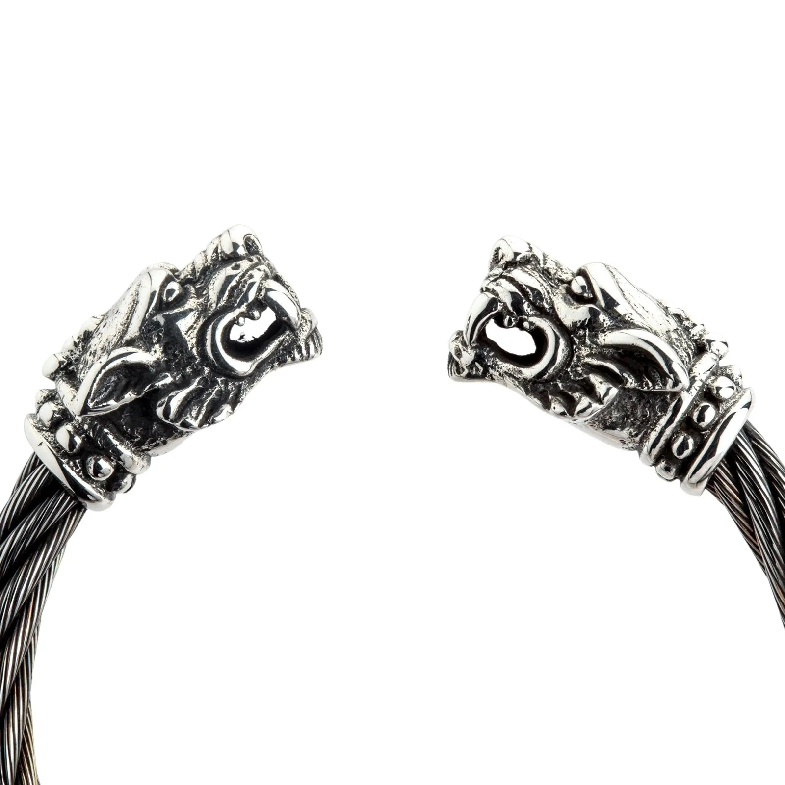 Sterling Silver Woven Tiger Head Biker Cuff Bracelet