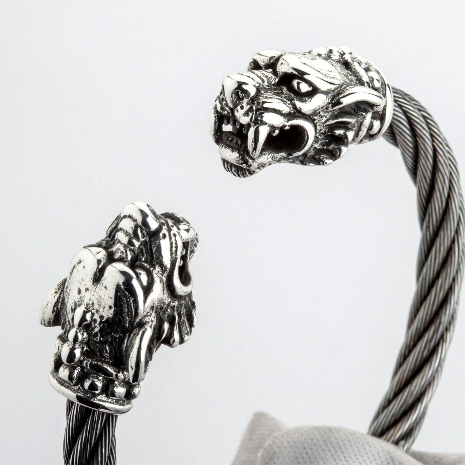 Sterling Silver Woven Tiger Head Biker Cuff Bracelet