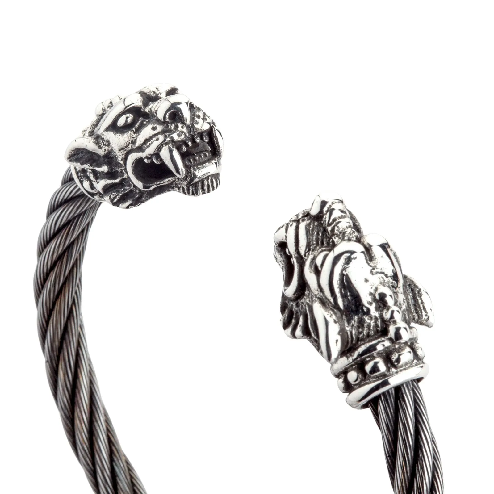 Sterling Silver Woven Tiger Head Biker Cuff Bracelet