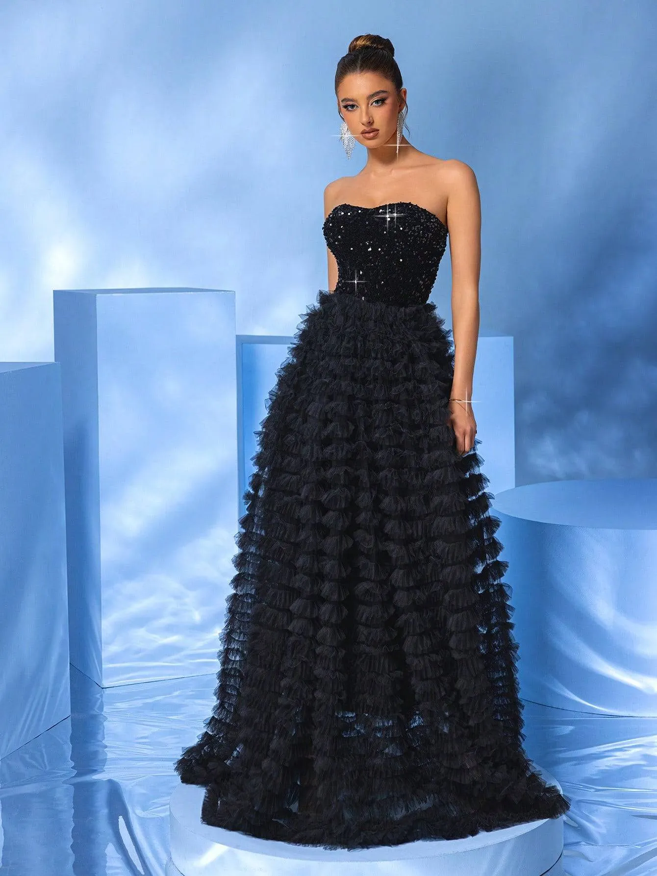Strapless Black Sequin Ball Gown with Layered Tulle Ruffle Skirt  Luxe Prom & Gala Dress