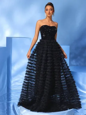 Strapless Black Sequin Ball Gown with Layered Tulle Ruffle Skirt  Luxe Prom & Gala Dress