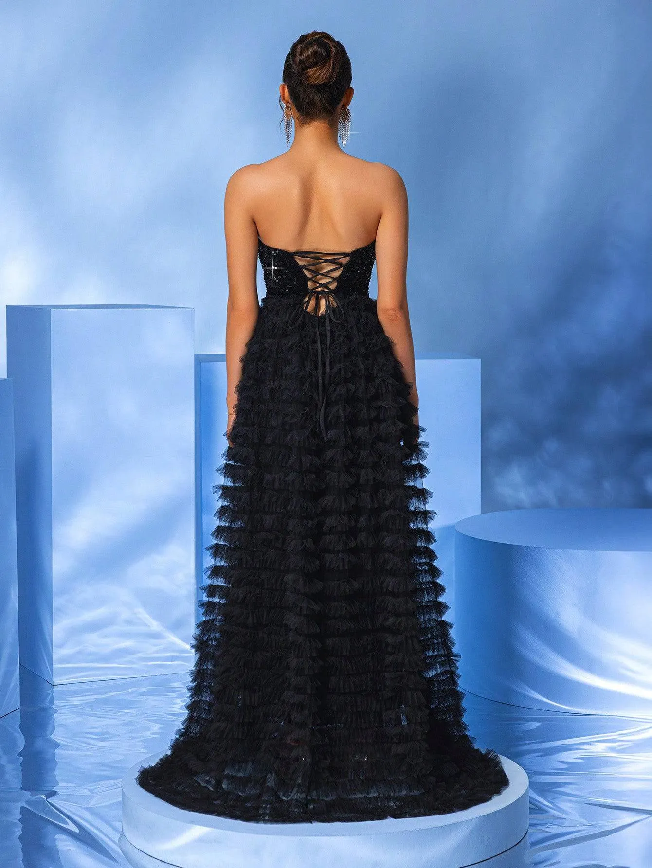 Strapless Black Sequin Ball Gown with Layered Tulle Ruffle Skirt  Luxe Prom & Gala Dress