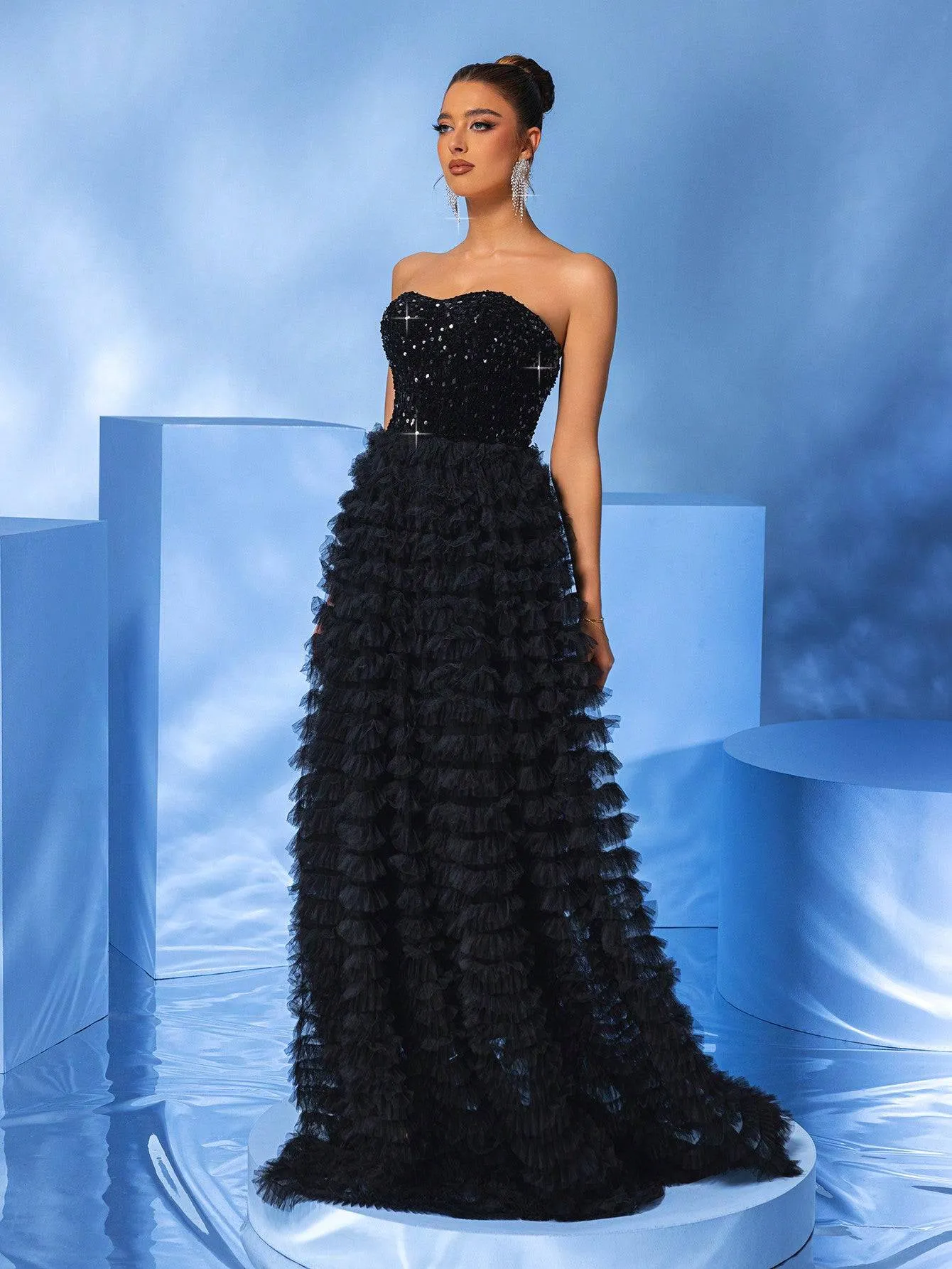 Strapless Black Sequin Ball Gown with Layered Tulle Ruffle Skirt  Luxe Prom & Gala Dress