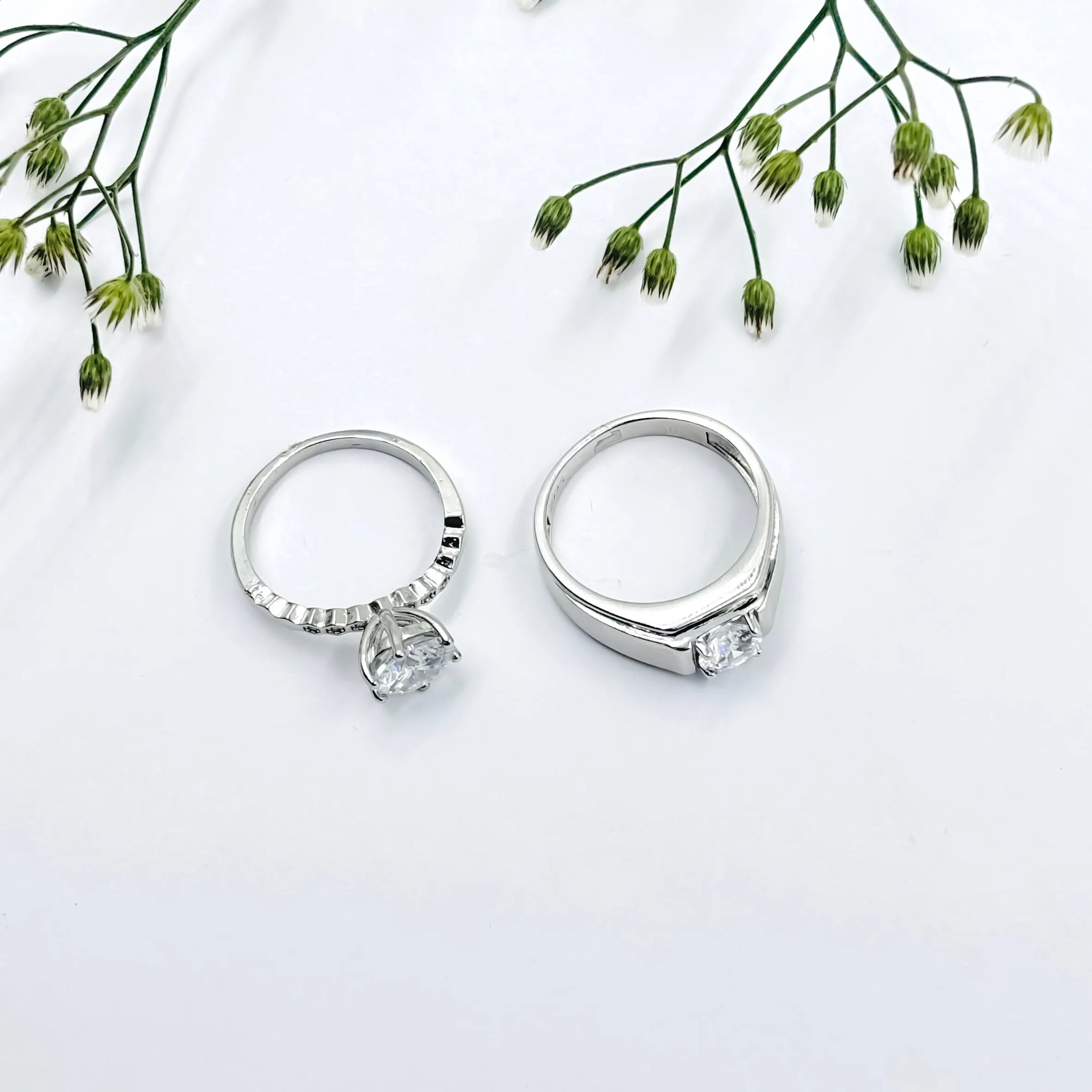 Stunning Silver Couple Rings with a Gorgeous Large White Gemstone.