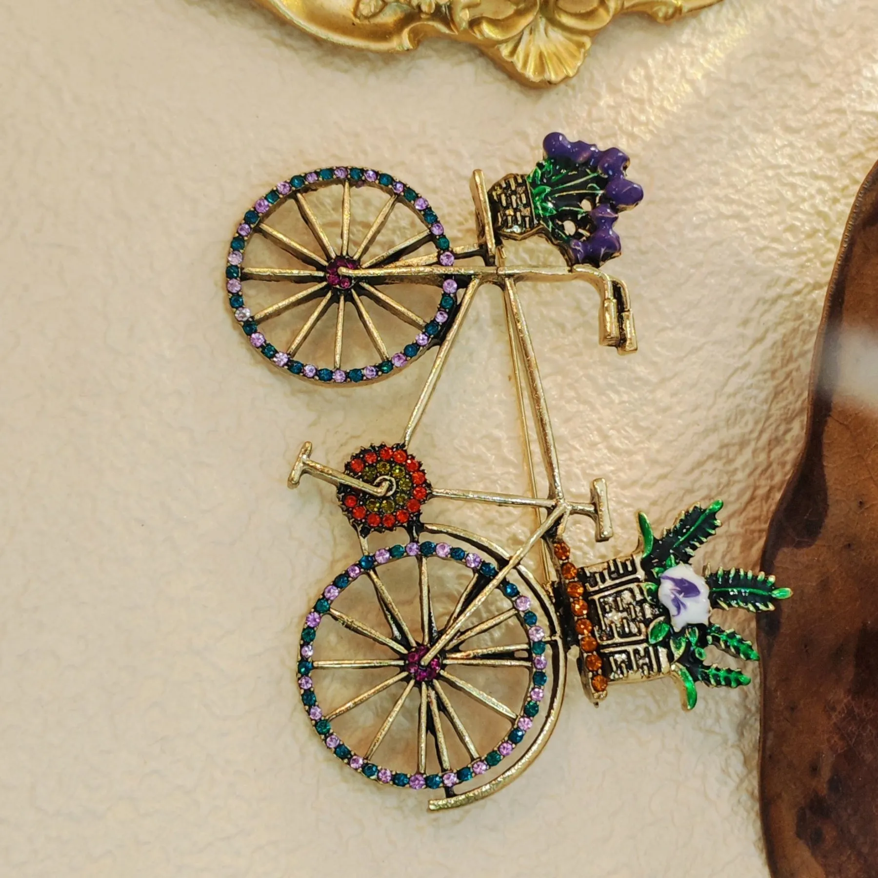 Stunning Vintage Metallic Women Bike Brooch with Enamel Flower Basket
