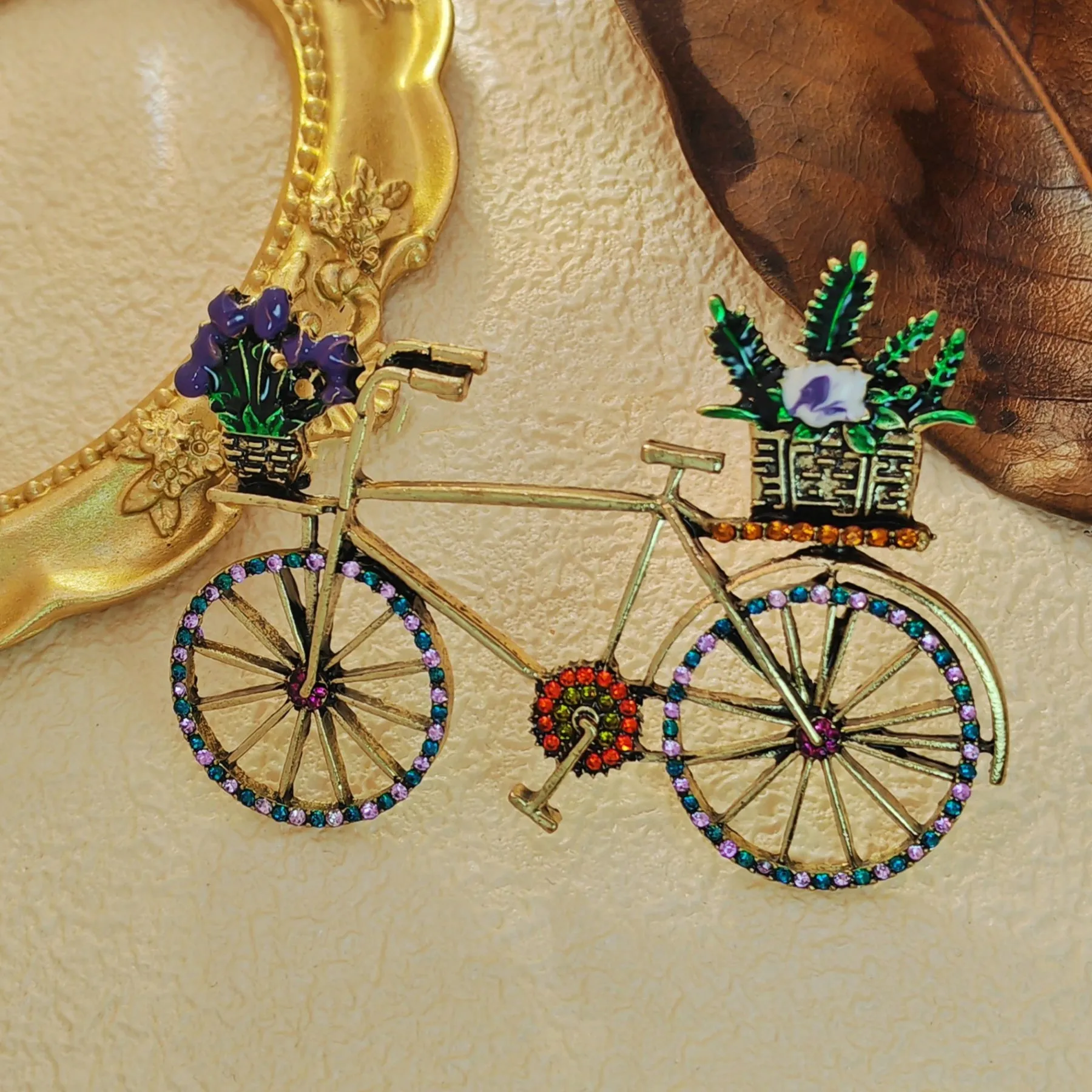 Stunning Vintage Metallic Women Bike Brooch with Enamel Flower Basket