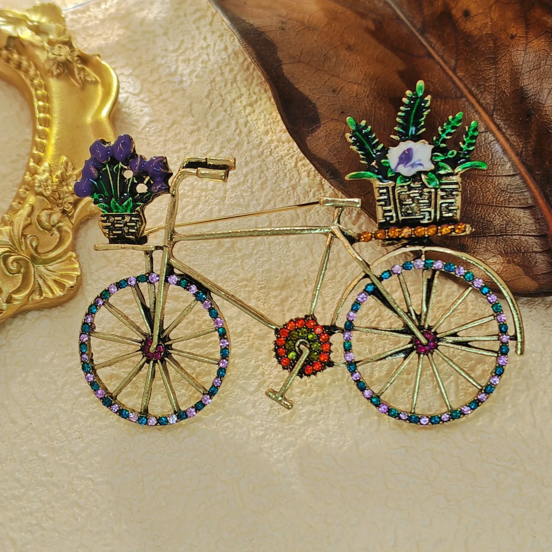 Stunning Vintage Metallic Women Bike Brooch with Enamel Flower Basket