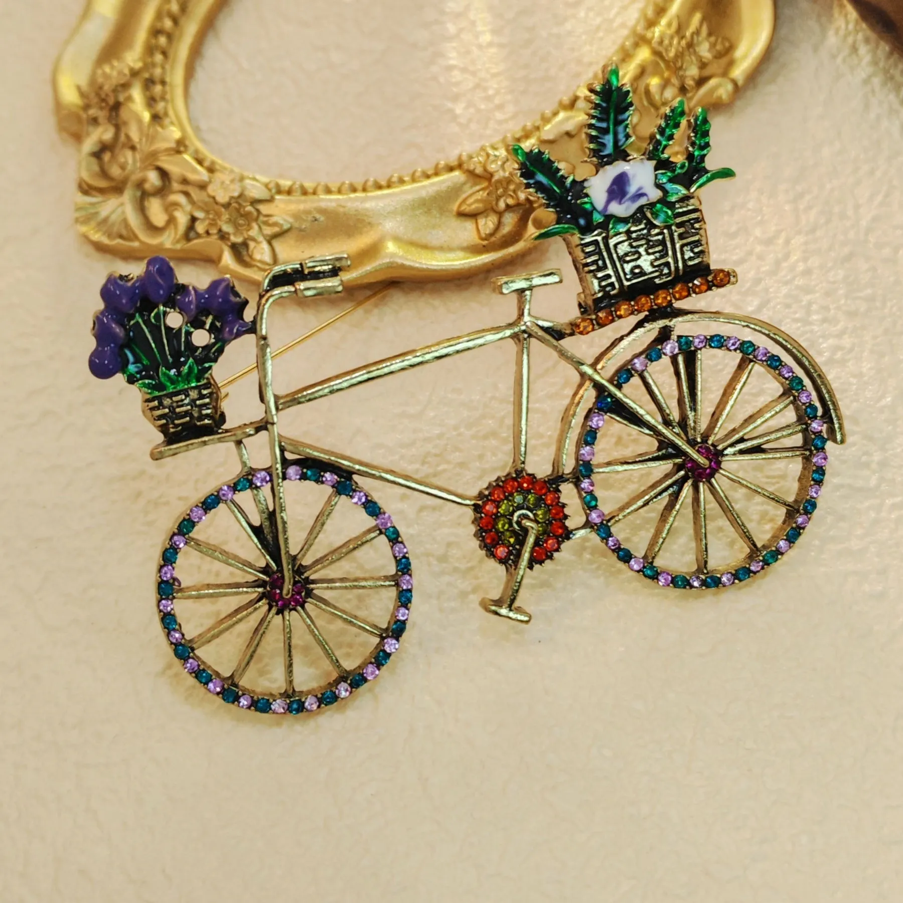 Stunning Vintage Metallic Women Bike Brooch with Enamel Flower Basket