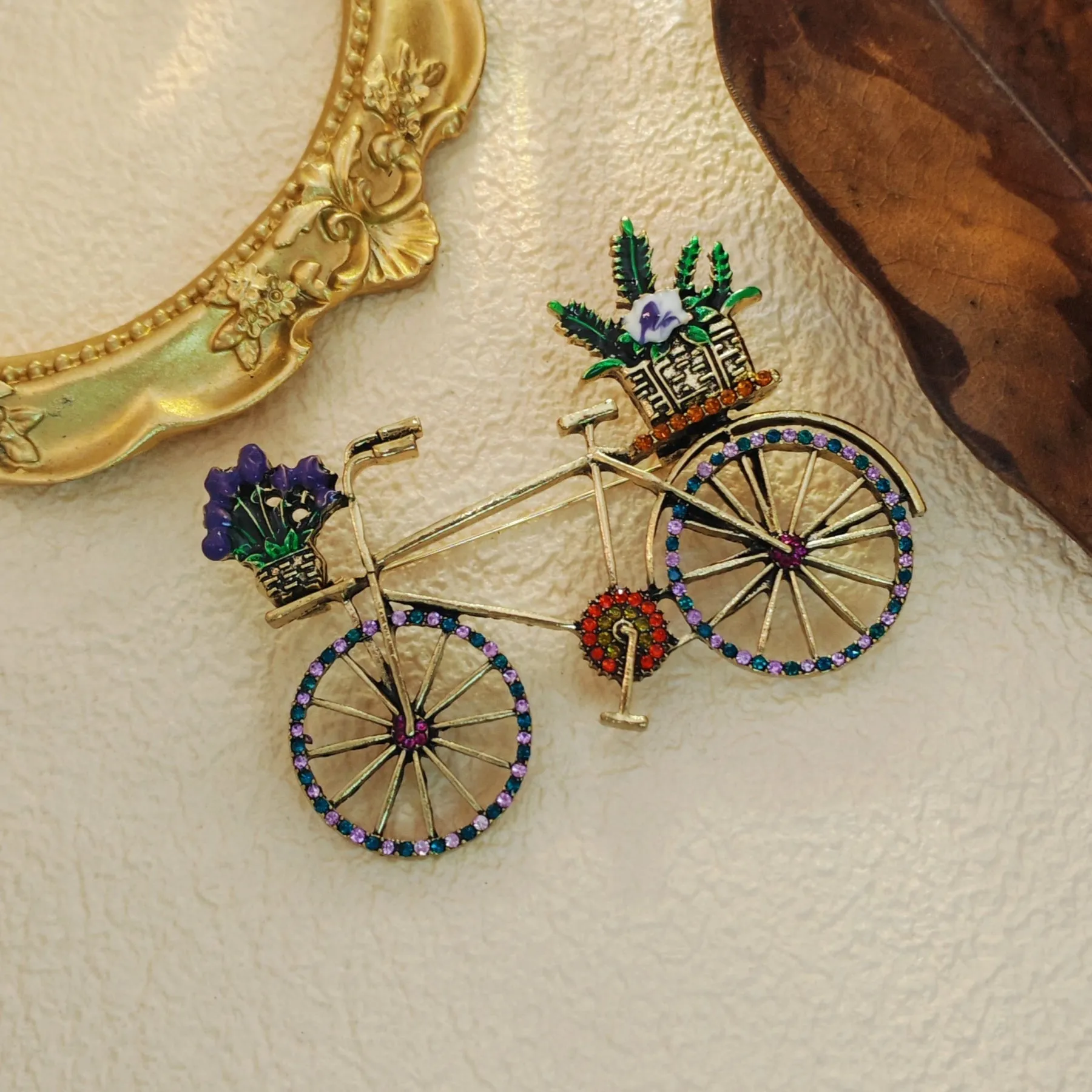 Stunning Vintage Metallic Women Bike Brooch with Enamel Flower Basket
