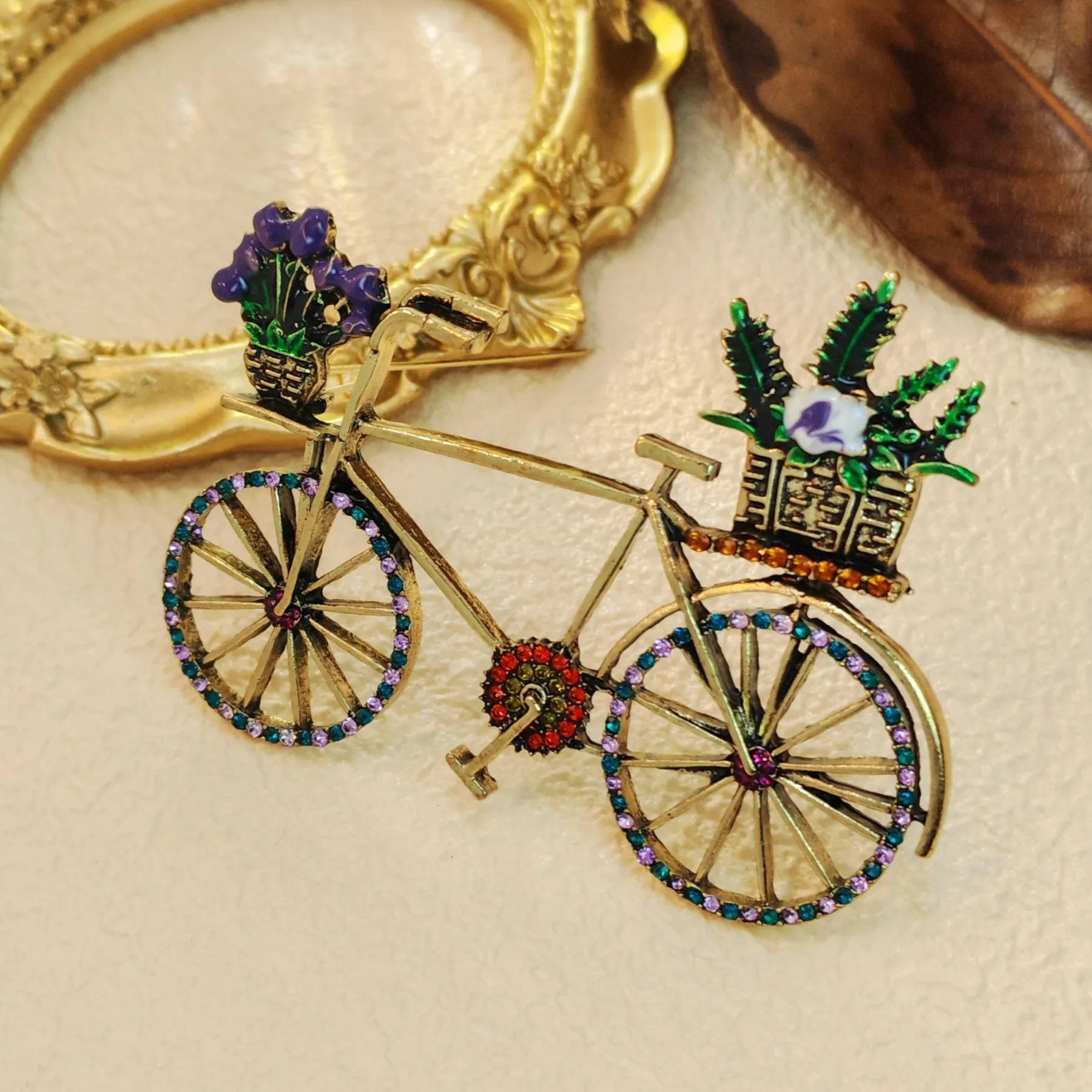 Stunning Vintage Metallic Women Bike Brooch with Enamel Flower Basket