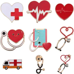 SUNNYCLUE 1 Box 9Pcs Enamel Medical Pins Nurse Brooch Set Alloy Cute Heart Stethoscope Nurse Themes Brooch Badges Safety Lapel Pin Brooches Accessories Bulk for Women Men Backpack Clothes Hat Bag Gift