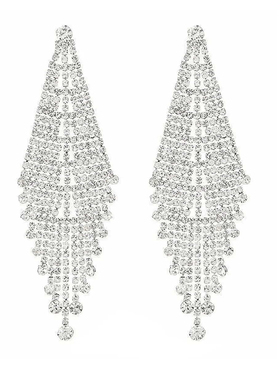 Tassel Silver Dangle Simple Rhinestones Long Earrings