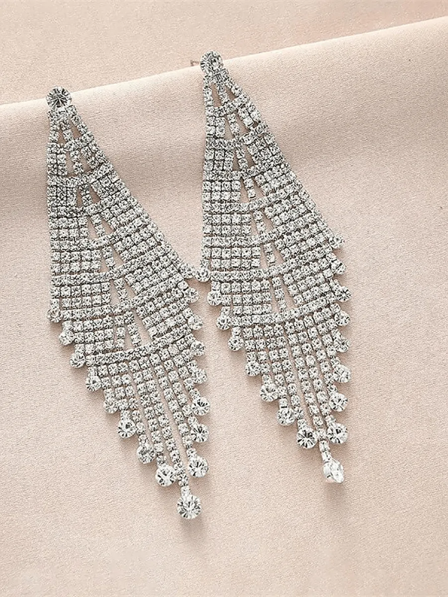 Tassel Silver Dangle Simple Rhinestones Long Earrings