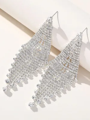 Tassel Silver Dangle Simple Rhinestones Long Earrings