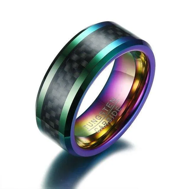 Trendy Multi-Color Carbon Fiber Tungsten Carbide Ring