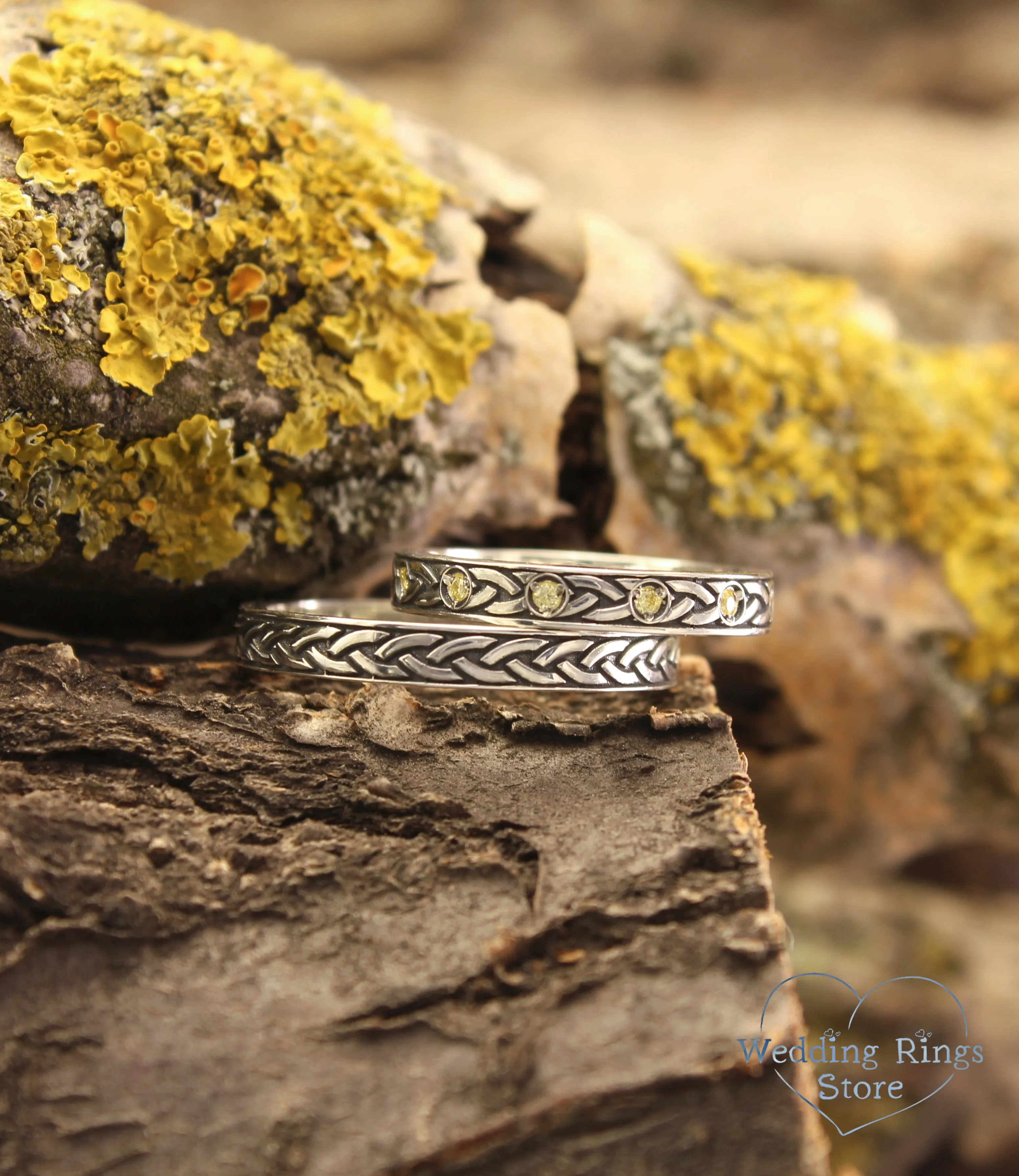 Trendy Silver Celtic Knot Wedding Bands for Couples with Citrines