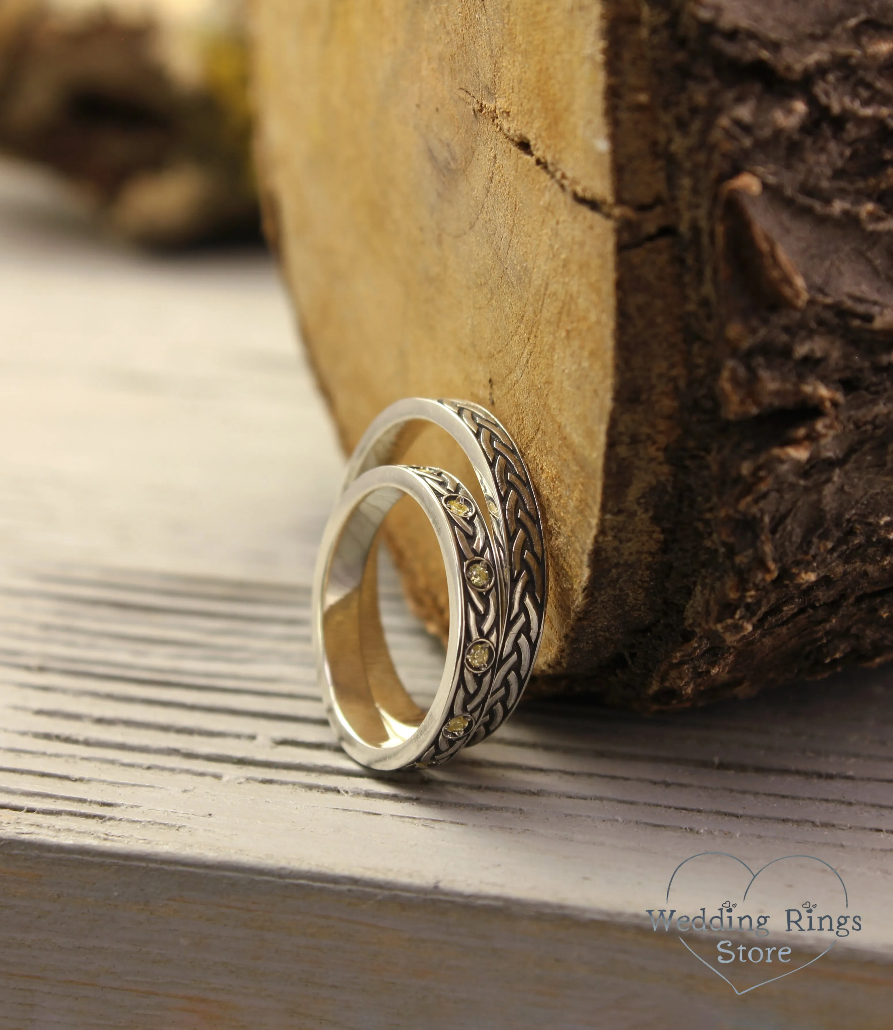 Trendy Silver Celtic Knot Wedding Bands for Couples with Citrines