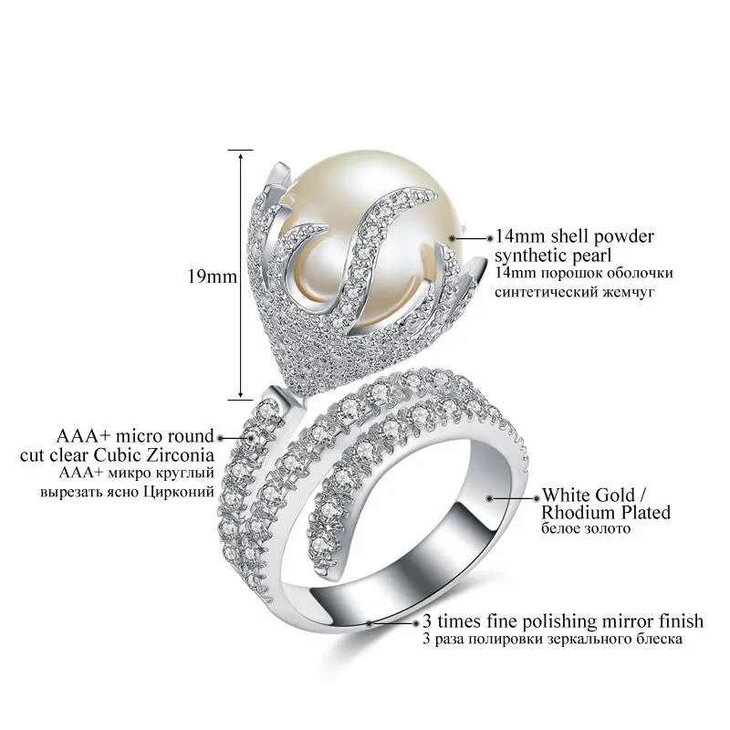 Ultra Big Synthetic Pearl Jewelry Fire Shaped Zirconia Rhodium Plated Micro Paved Rings for Women New Anel Feminino