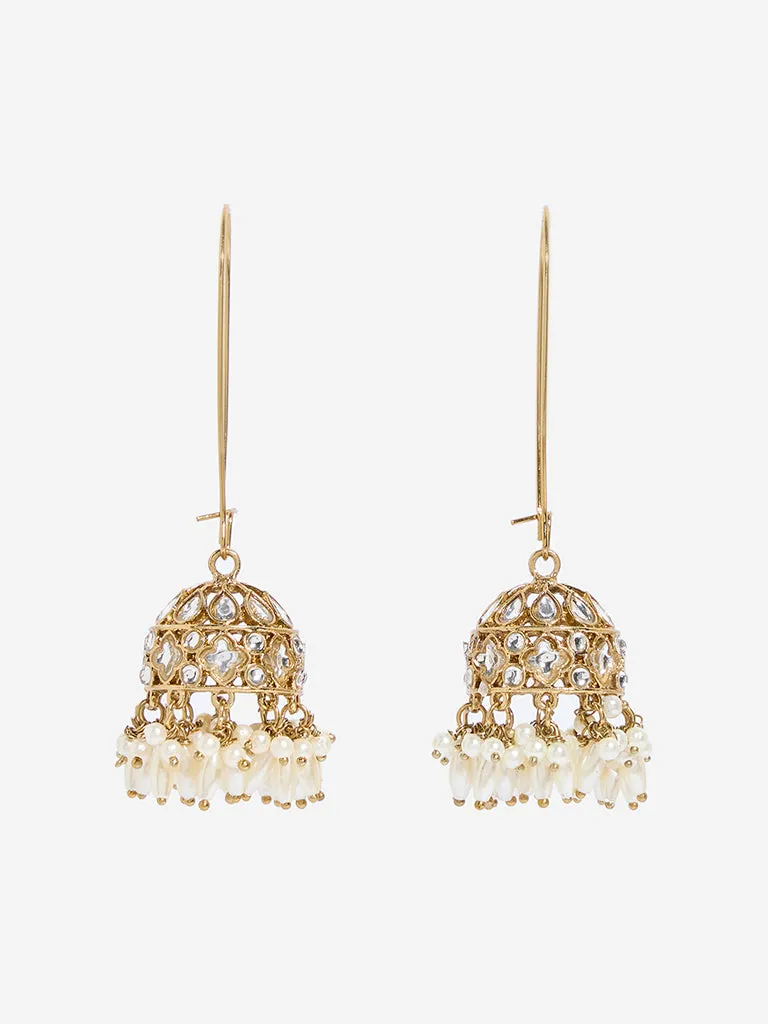 Westside Accessories Gold Rice Pearl Fish Hook Jhumka Earrings