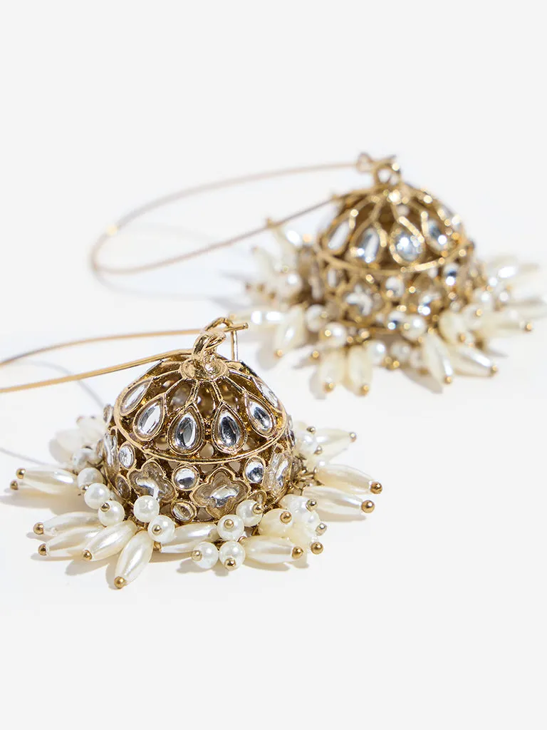Westside Accessories Gold Rice Pearl Fish Hook Jhumka Earrings