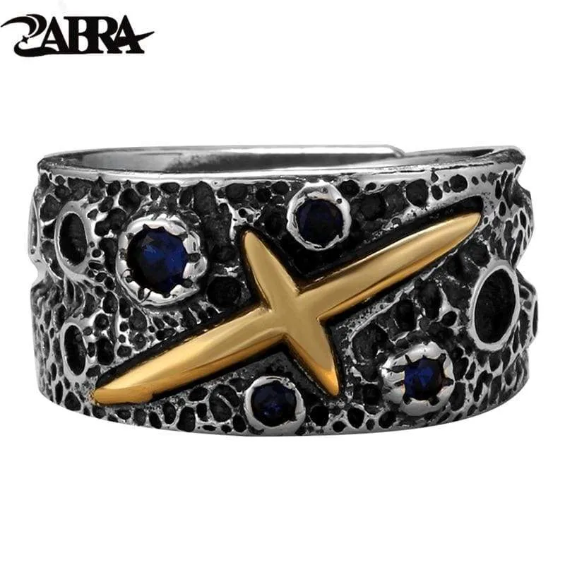 ZABRA Vintage Pure 925 Silver Starry Sky Ring For Men Blue Cubic Zirconia Brass Sterling Silver Rings Punk Jewelry For Female (Resizable)