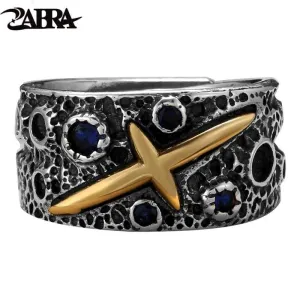 ZABRA Vintage Pure 925 Silver Starry Sky Ring For Men Blue Cubic Zirconia Brass Sterling Silver Rings Punk Jewelry For Female (Resizable)