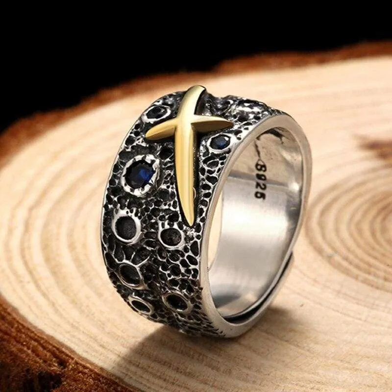 ZABRA Vintage Pure 925 Silver Starry Sky Ring For Men Blue Cubic Zirconia Brass Sterling Silver Rings Punk Jewelry For Female (Resizable)