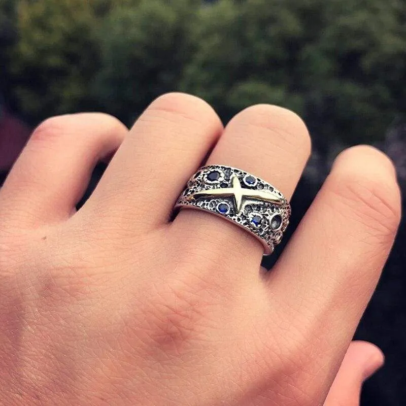 ZABRA Vintage Pure 925 Silver Starry Sky Ring For Men Blue Cubic Zirconia Brass Sterling Silver Rings Punk Jewelry For Female (Resizable)