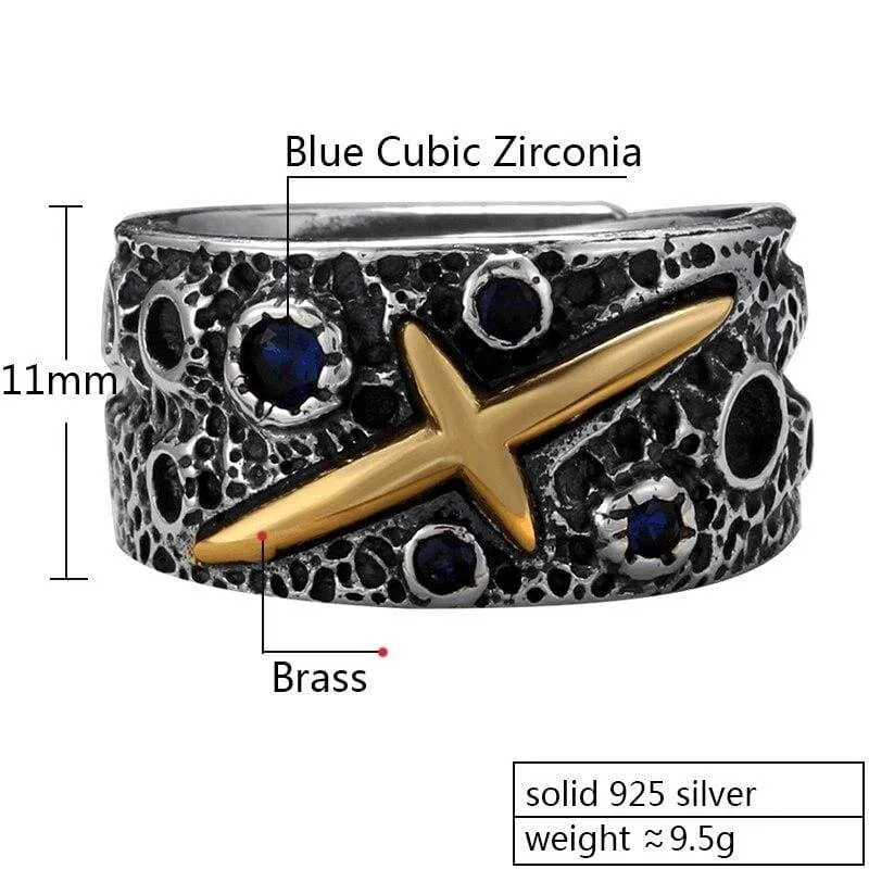 ZABRA Vintage Pure 925 Silver Starry Sky Ring For Men Blue Cubic Zirconia Brass Sterling Silver Rings Punk Jewelry For Female (Resizable)