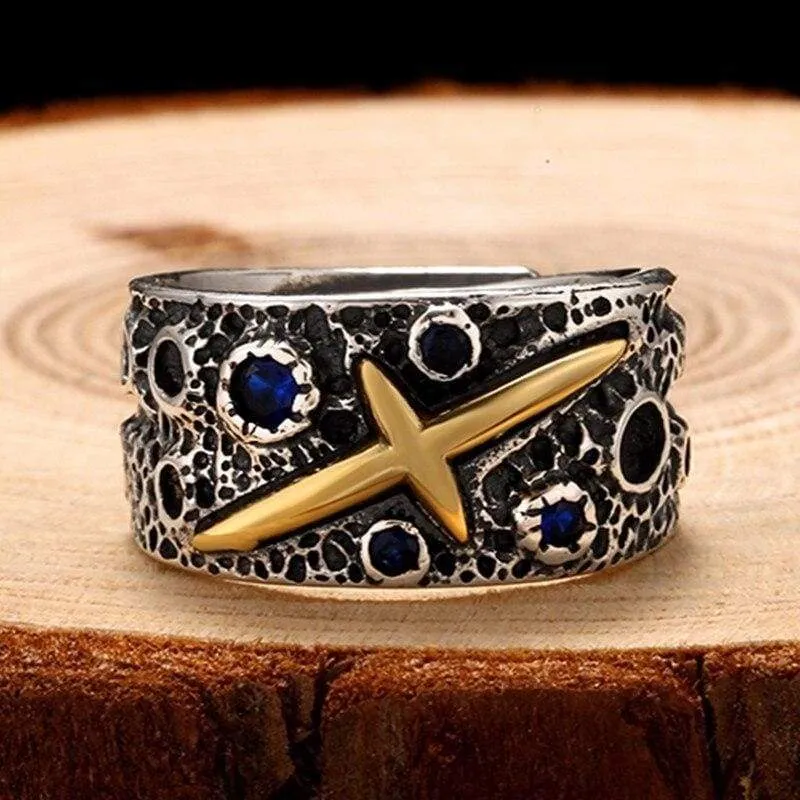 ZABRA Vintage Pure 925 Silver Starry Sky Ring For Men Blue Cubic Zirconia Brass Sterling Silver Rings Punk Jewelry For Female (Resizable)